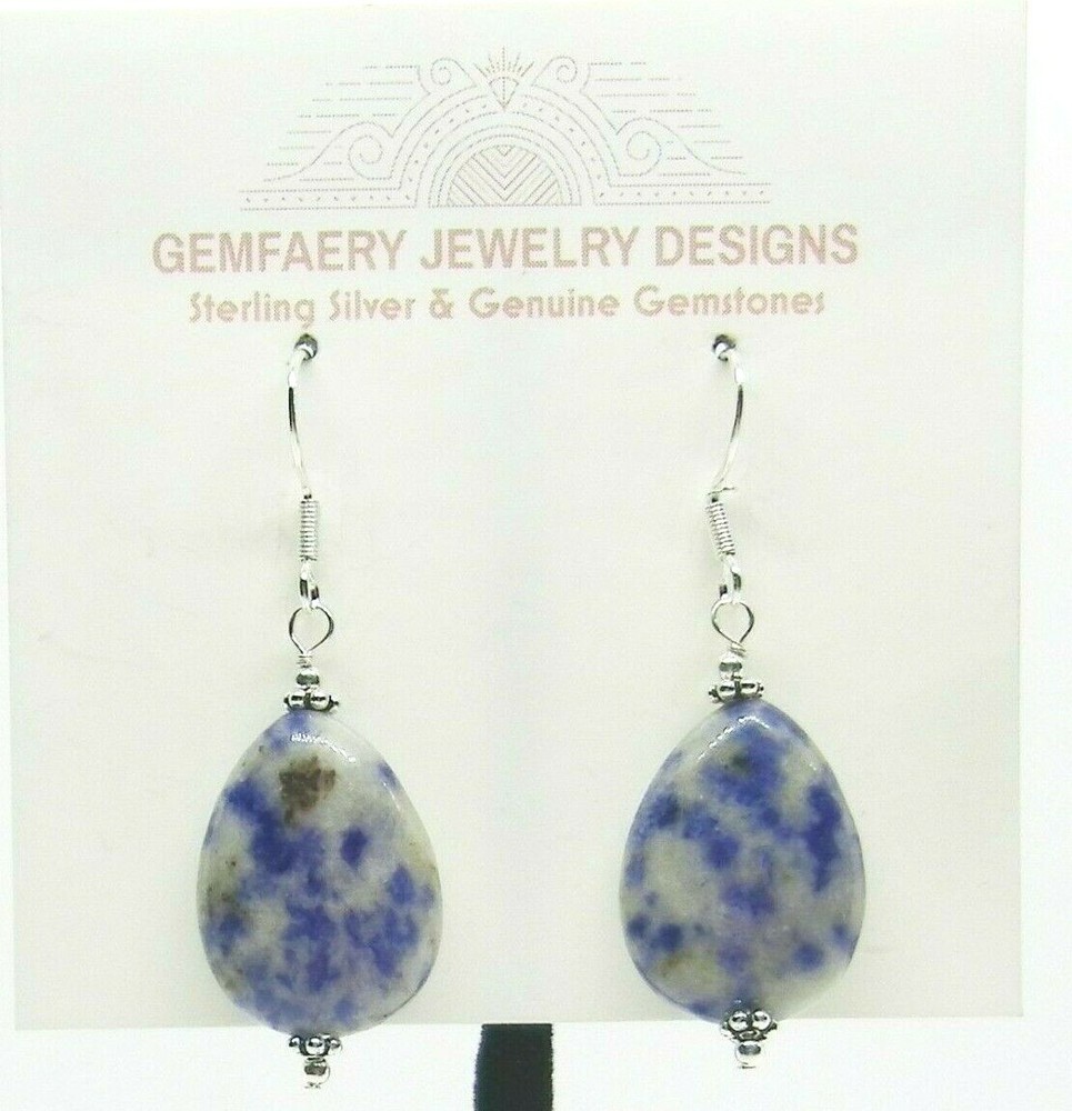 Sterling Silver Natural DENIM LAPIS Teardrop Dangle Earrings #144…Handmade USA