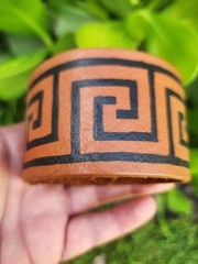 Genuine leather cuff women bracelet hand painted Greek Aztec line chain style