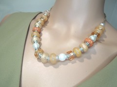 Beige and brown Murano style glass bead necklace with gold plate chain handmade