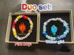 Handmade Fireboy & Watergirl Beaded Stretch Bracelet Duo Set, Multicolor