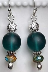 Silver, Teal Sea Glass, Sandy Beige and Ocean Blue Picasso Earrings. Beach