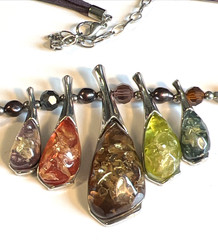 Silver Confetti Amber Pendant, Glass Beads,Purple Leather & Cord Chain 16″