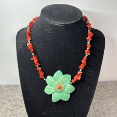 Handmade Boho Lucite Flower Necklace Red Coral and Turquoise Style Chip Bead