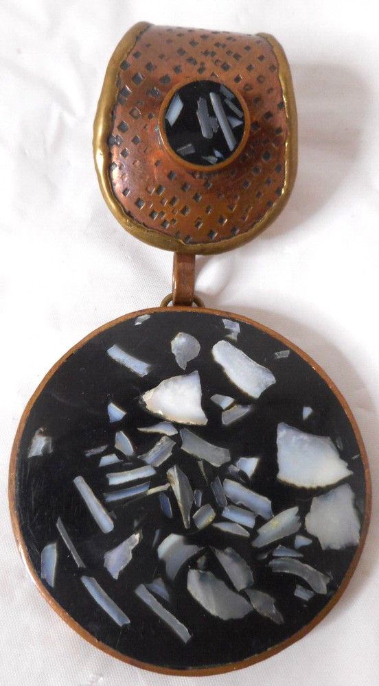 Artisian Made Mixed Materials Copper Abalone Shell Mosaic Pendant Chunky 3 3/4″