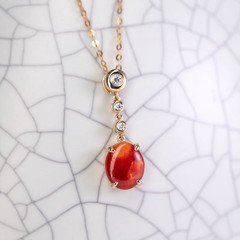 Rare Red Color Mexican Egg Fire Opal Diamond Necklace 18K Yellow Gold