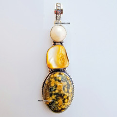 Turritella Agate With Pearl Pendant , Silver Plated Handmade 2.87″ Inch Pendant