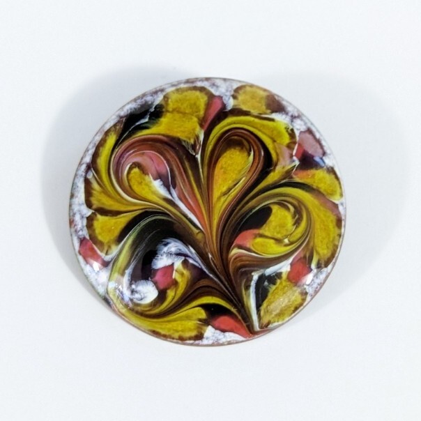 Inga Carlson Artisan Yellow Marbled Copper Round Brooch Pin