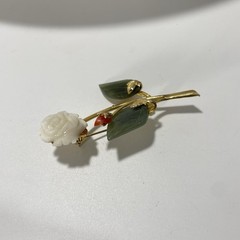 Vintage Rose Flower Brooch Carved White Rose Green Leaves Gold Tone Pin