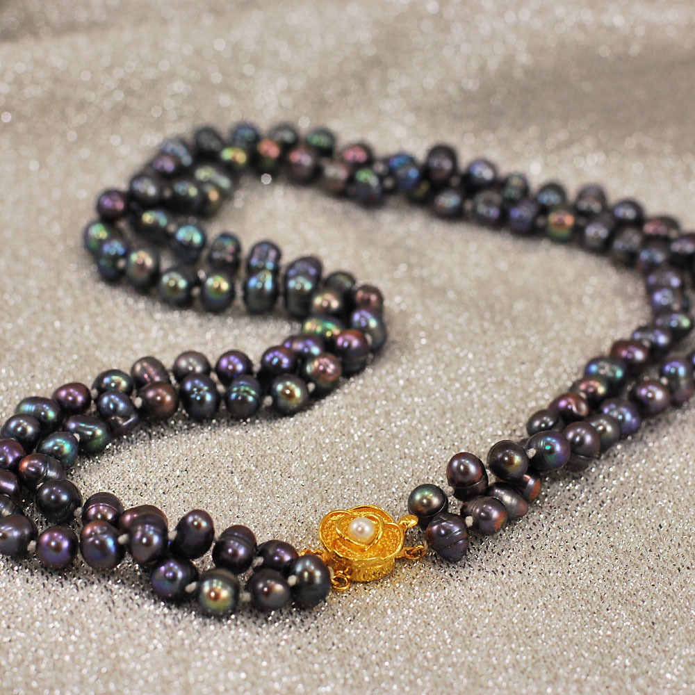 Black Freshwater Pearl Beads Hand Knotted Gold Plated Necklace 16″ free shipping