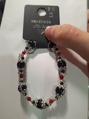 Handmade Beaded Black Red Silver Charm Bracelet Glass Metal Round Art Theme