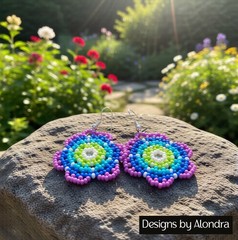 Huichol Style Beaded Flower Earrings Handmade Blue Purple Beaded Floral Dangles