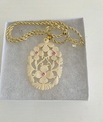 Ivory Color Floral Pendant with Pink Crystals on Gold Tone Chain One of a Kind