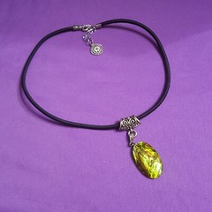 Hand Made Black Cord Choker Necklace w Beautiful Oval Green Gold & Brown Pendant
