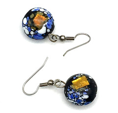 Millefiori Black/Blue/White Bead Gold Metalflake SilverTone Fish Hook Earrings