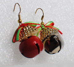 Handmade Jingle Bell Red & Silver Christmas Dangle Earrings Red & Green Bow