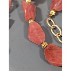 Deep Peach Faceted Glass Bead Necklace 34 Inch Gold Tone Links Long Statement