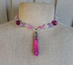 Fuchsia Banded Agate Stone Point Adjustable Hemp Necklace Rose Quartz Amethyst