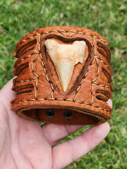 Shark fossil cuff bracelet genuine Buffalo Bison Leather to wrist size