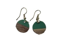 Handmade Wood And Teal Resin Small Circle Hook Earrings