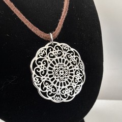 Handcrafted Brown Leather layered Necklace 18”, Turquoise Mandala Pendant (6.18)