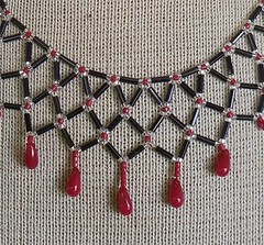 Netted Weave Beaded Choker Adjustable Necklace in Black Silver Red w Drop Beads