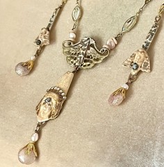 Deco Egyptian Revival Necklace Set, Neiger Style Glass Pharaoh, Beige, Gold