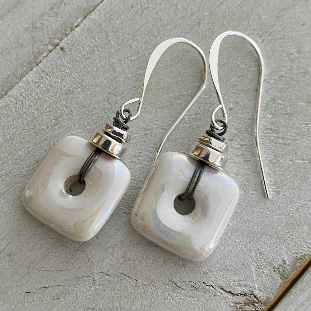 Min Favorit Ivory Opal Ceramic Mykonos Greek Bead W/Mixed Metal Artisan Earrings