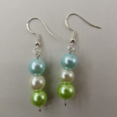SPRING Drop Earrings Blue Green White Czech Glass Pearls Mermaid 2″ Artisan Gift
