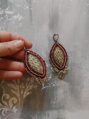 Vintage artisan earrings bead embroidery on leather silver fringe red black