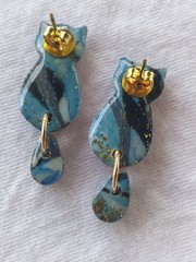 Handcrafted Polymer Clay Resin Gold Dangle Stud Earrings Blue Black White Cat