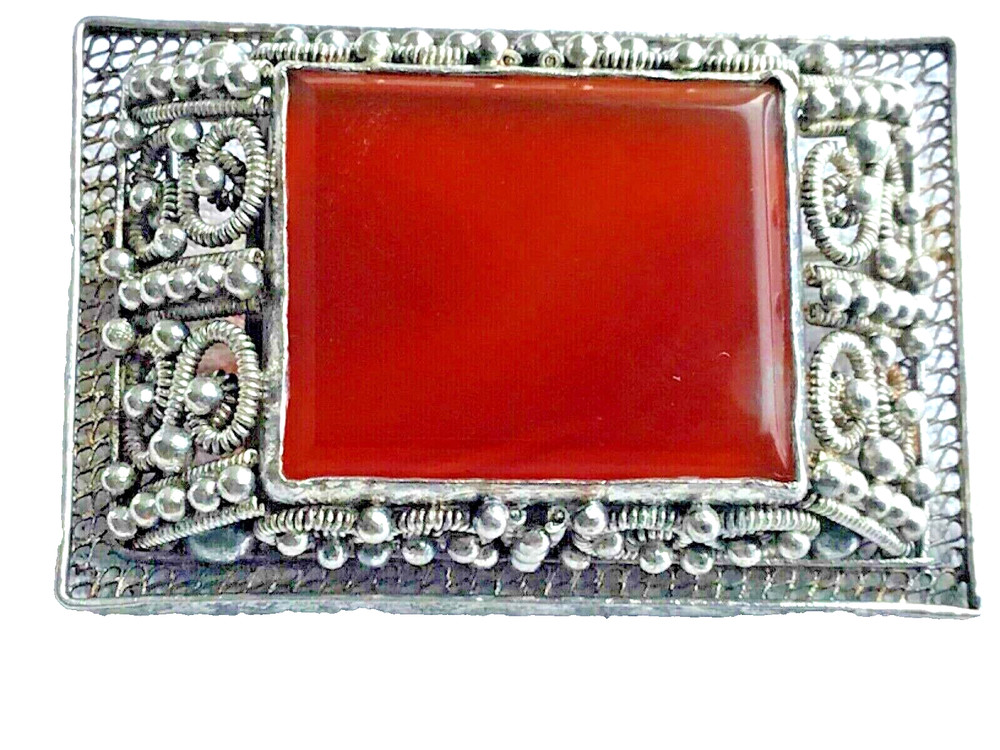 Sterling Silver Handmade Carnelian Pin Etruscan Design Handmade 1 5/8” Long VTG