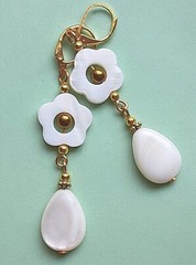 CARVED SHELL Gold Hematite dangle earring GP artisan leverback XX