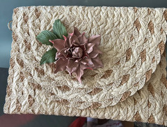 Handmade Pink Leather Flower with Green Leaves Brooch
