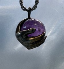 Sterling Silver hand holding Amethyst Cryatal ball Solitaire pendant by JKL 232