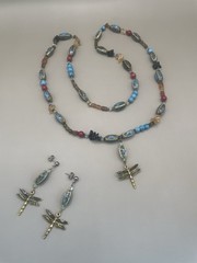 Vintage Artisan Ceramic Natural Stones Beaded Dragonfly Necklace Earrings Set