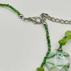 Green Venetian Art Glass Bead Necklace Lucite Fabric Lampwork Artisan 35-38”
