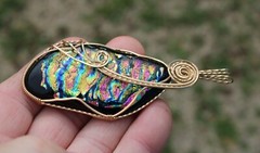 Large Dichroic Glass Pendant 14K Gold Filled Wire-Wrapped Iridescent Multi Color