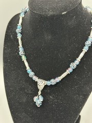 16 1/2 – 19 1/2“ Blue Fire Crackle Glass & Blue Crackle/Striated Glass Necklace