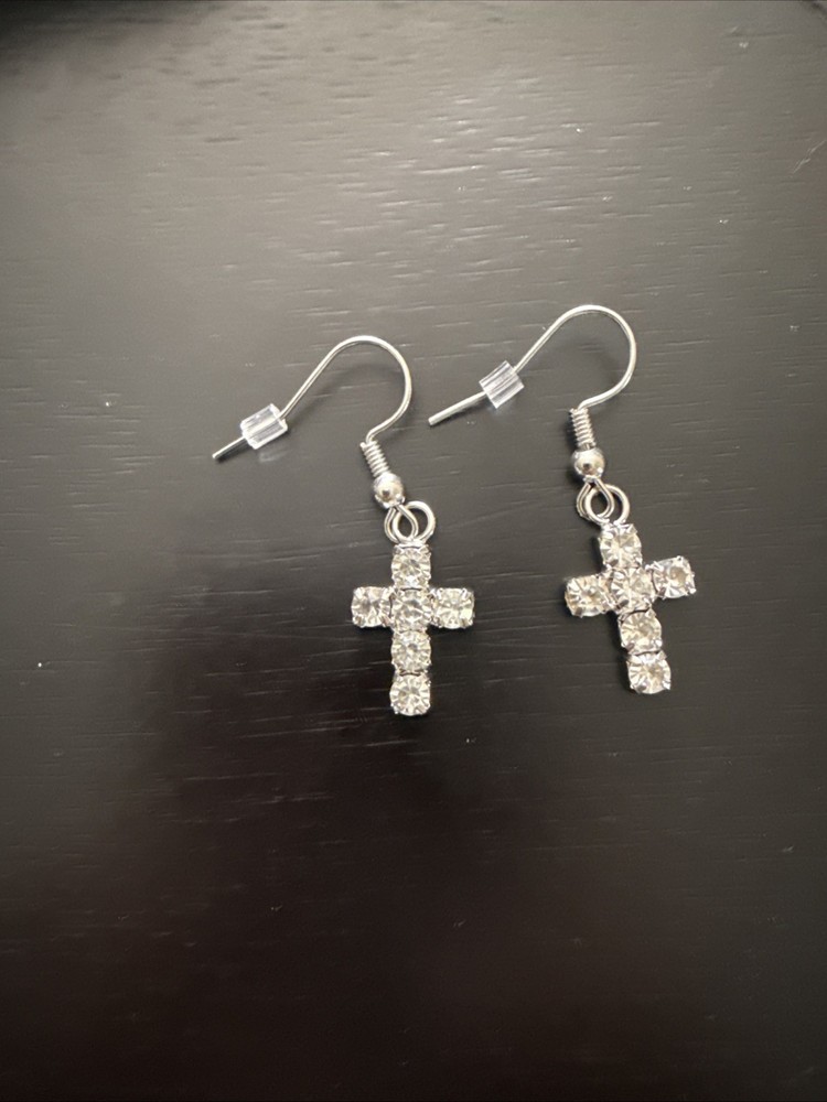 Nickel Free Silver Shepherd Hook, Clear Rhinestone Cross Earrings W/stoppers