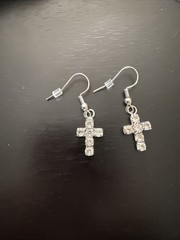 Nickel Free Silver Shepherd Hook, Clear Rhinestone Cross Earrings W/stoppers