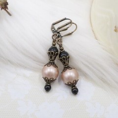 Handmade Champagne and Black Faux Pearl Victorian Style Filigree Drop Earrings