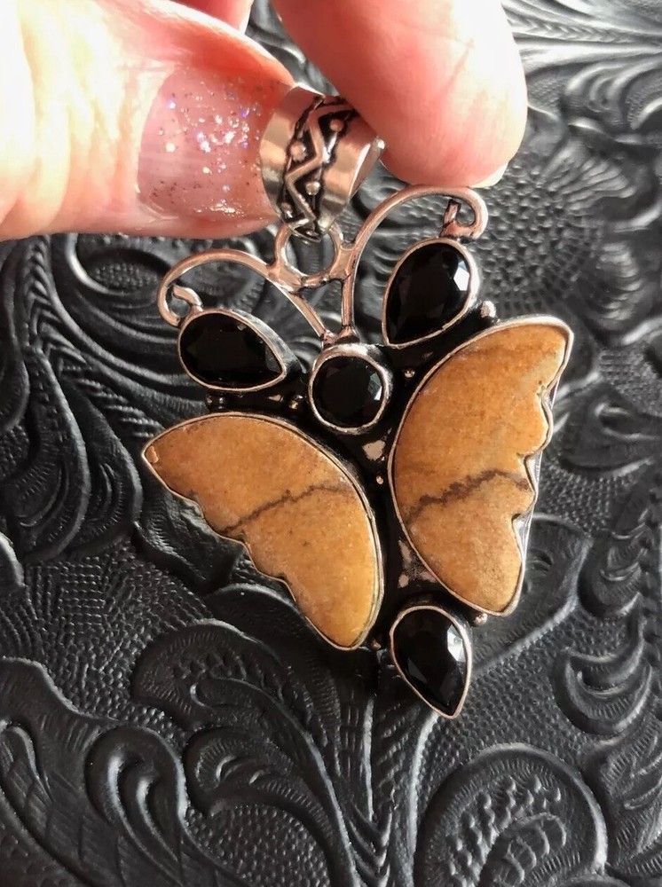Artisan Made Orange Picture Jasper Handcarved Butterfly Pendant Black Onyx 2″
