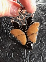 Artisan Made Orange Picture Jasper Handcarved Butterfly Pendant Black Onyx 2″