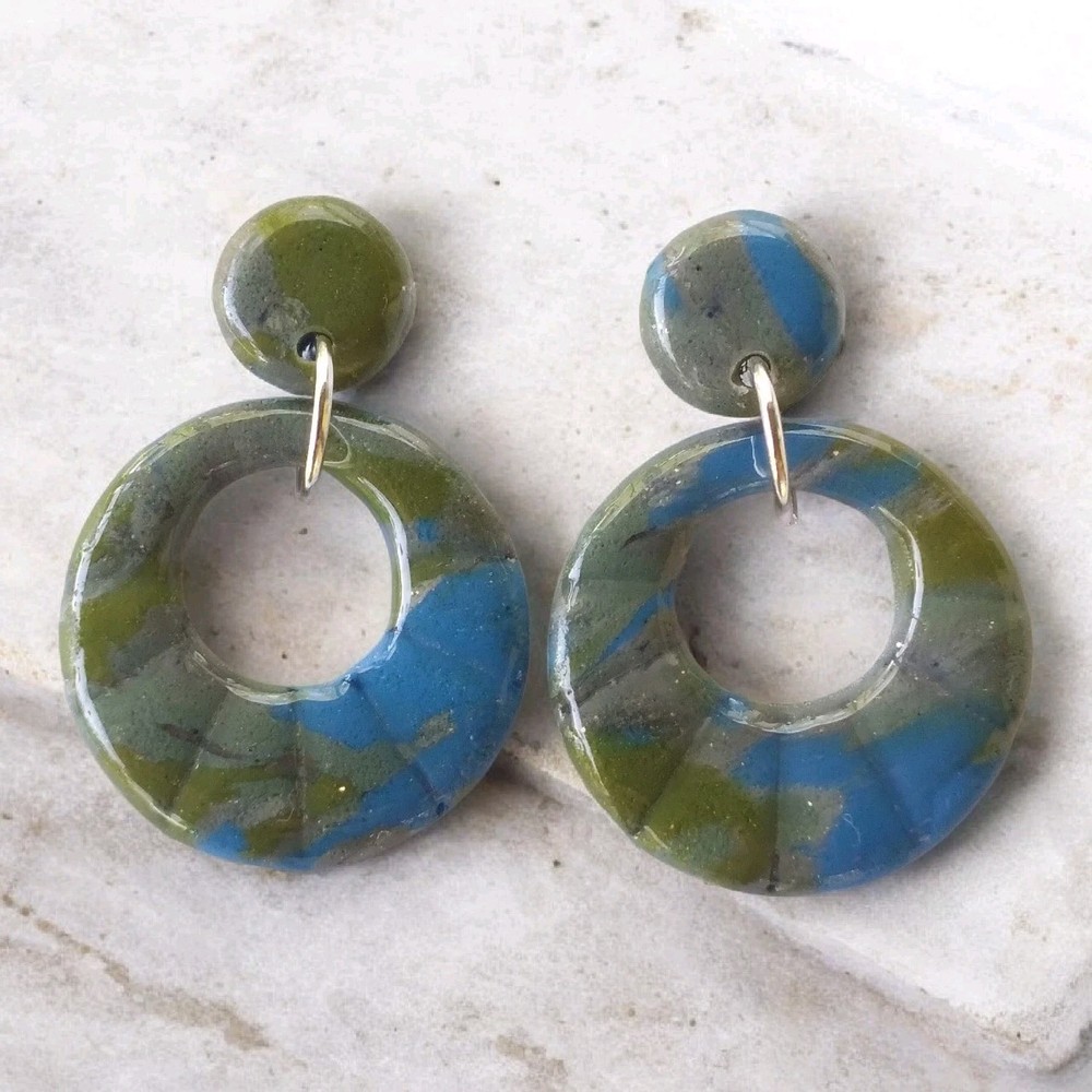 Handcrafted Polymer Clay Resin Silver Dangle Earrings Round Blue Green Gray