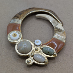 ECD Signed Handcrafted Asymmetrical Brooch Gold Tone Mixed Stones