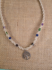 New Natural Hemp Necklace W/ Tree-of-Life Charm & Wood Beads 19 in Twist Macrame