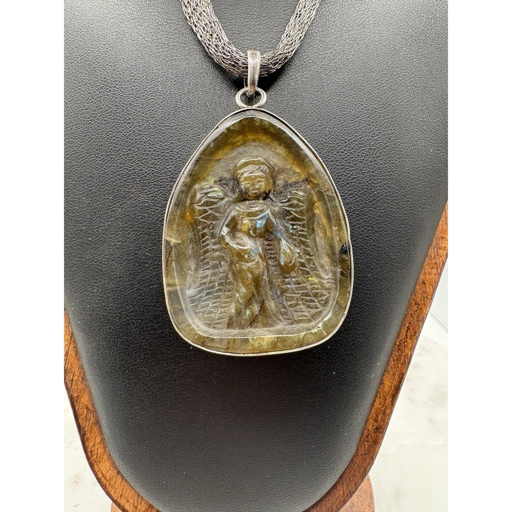 Large Sterling Silver Labradorite Carved Guardian Angel Necklace