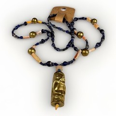 Natural Stones Beaded Necklace With Brass Tiki Figurine Mexico 15”
