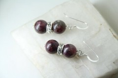 Tourmaline Dark Red 10mm Ball Gemstone & Rhinestone Roundel .925 Silver Earrings