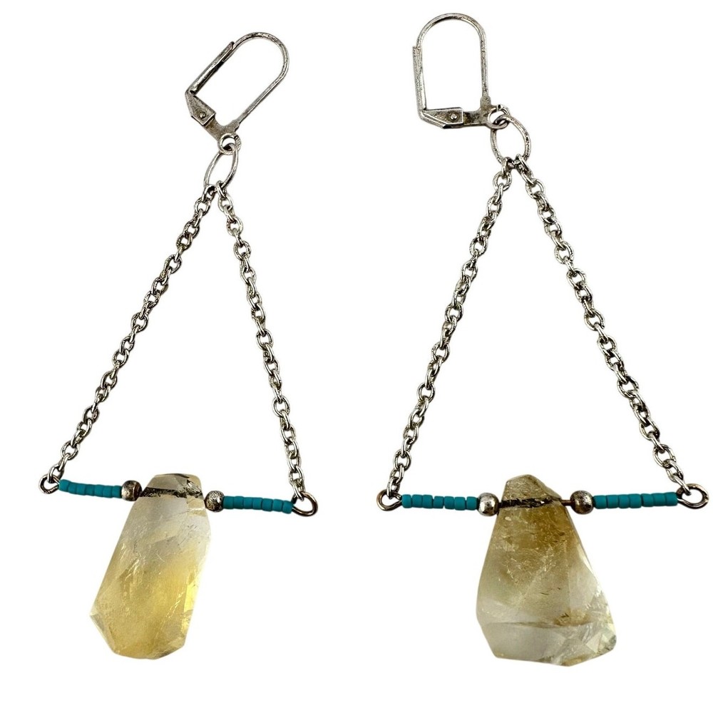 Handmade Boho Citrine Rough Faceted Beaded Dangle Chandelier 3.5″ Earrings